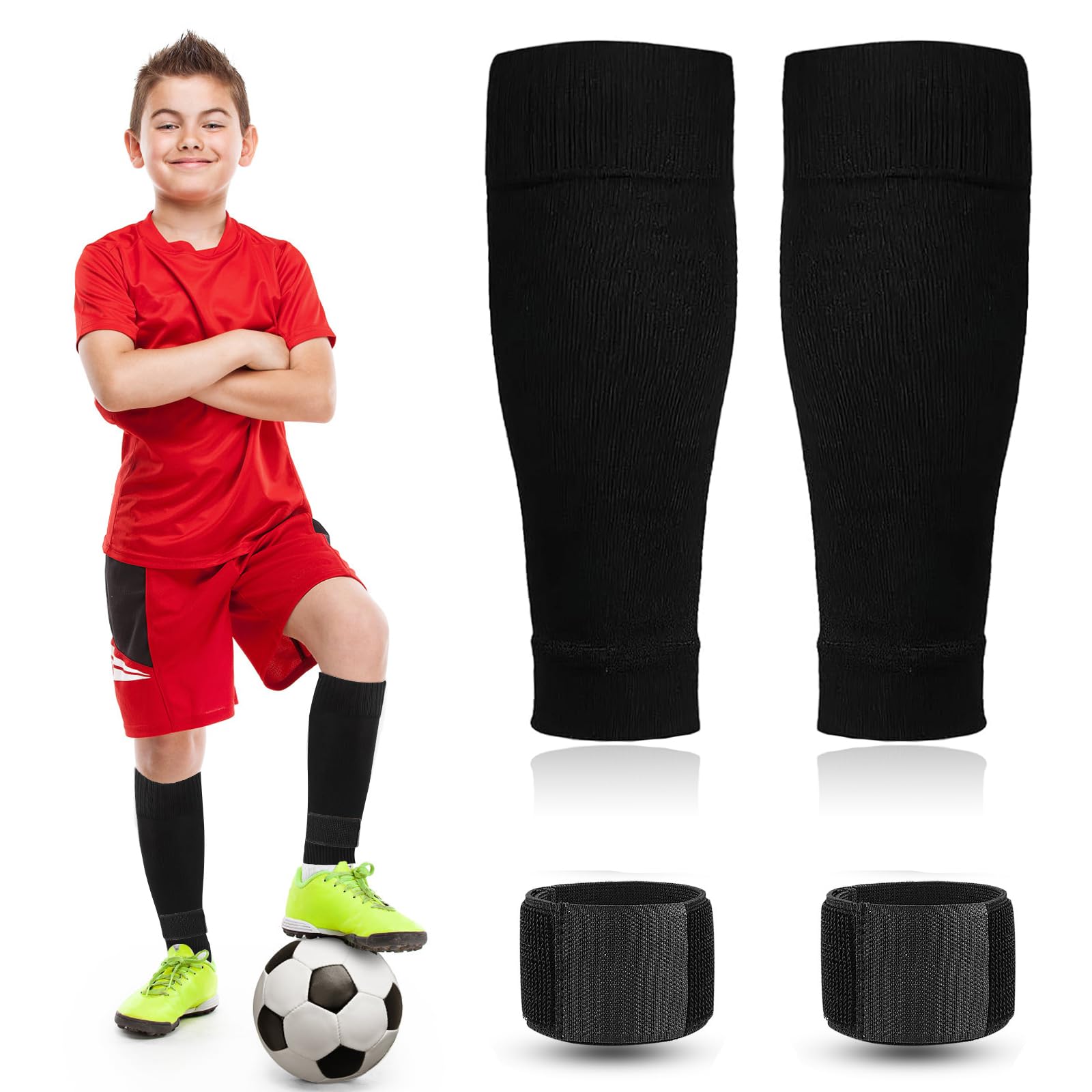 SwirlColor Football Sock Sleeves Kids, 2 Pairs Elastic Breathable Black White Soccer Shin Pad Socks Cut Leg Sock Sleeve For Football Basketball Running