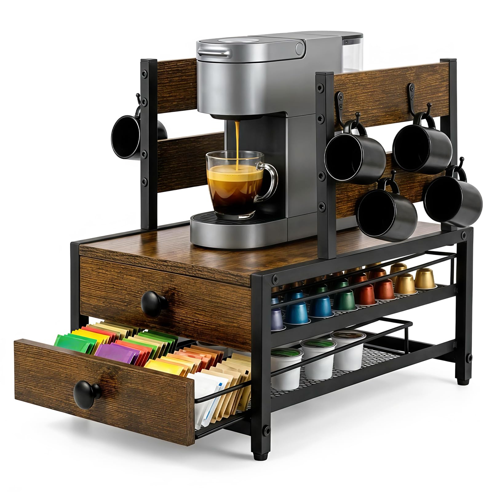 K Cup Holder, Coffee Pod Holder with 2-Tier Sliding Storage Drawer and 8 Hooks for Capsule Coffee Cup, K Cup Coffee Station Organizer Accessories for Counter Office Kitchen Pull-Out Design(Brown)