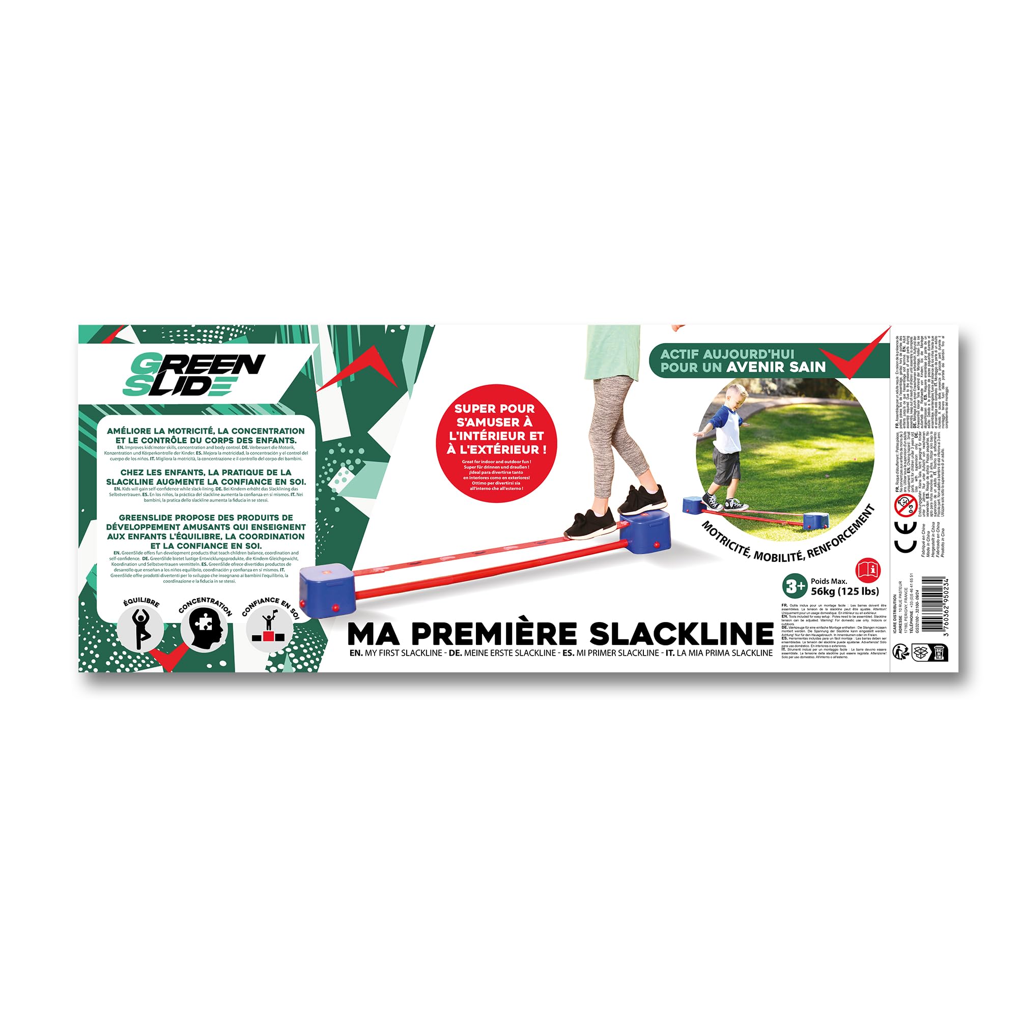 Slackline für Kinder, zur Entwicklung von Gleichgewicht und Koordination, Blau und Rot