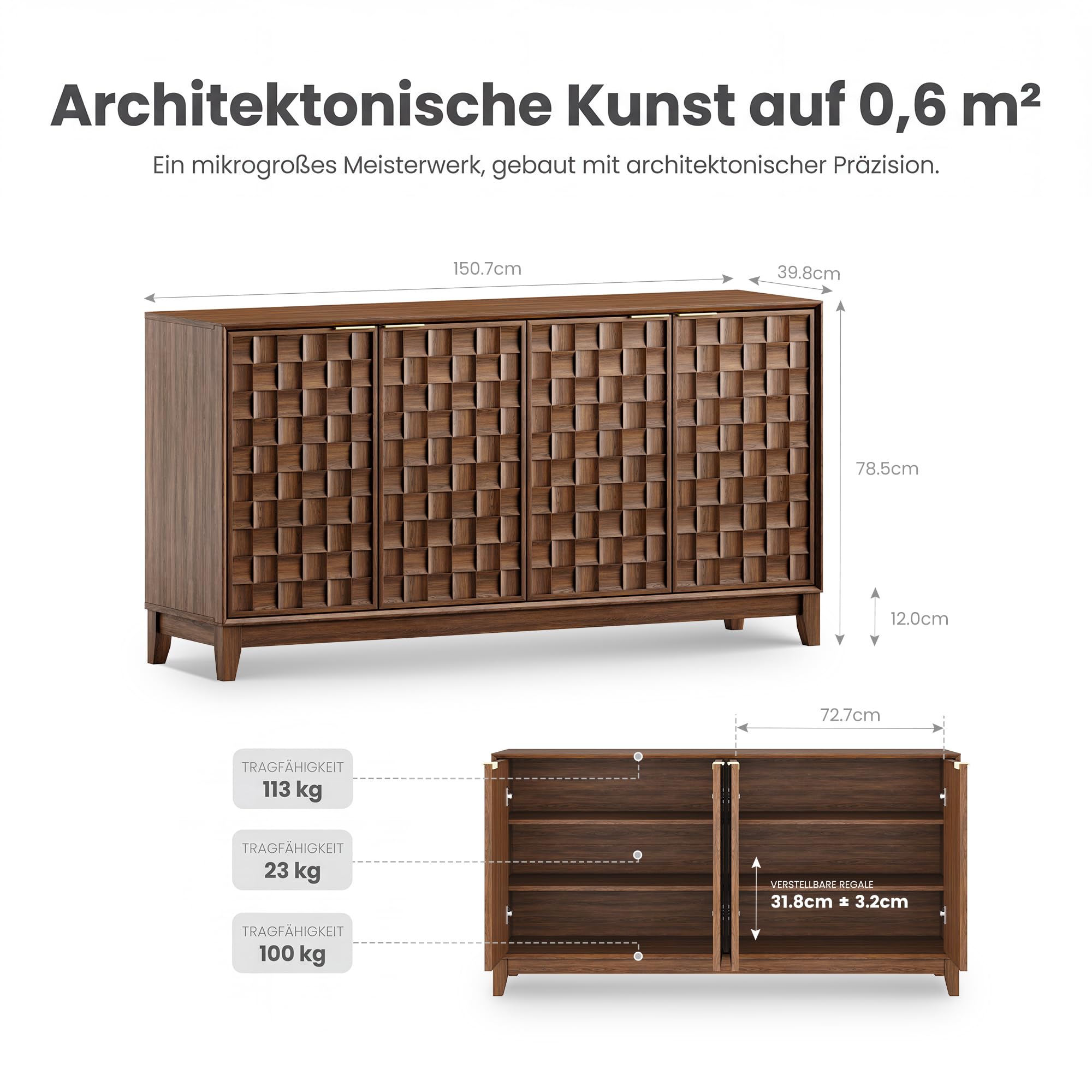 COLAMY Sideboard 150 cm Holz mit Stauraum – Modernes Sideboard für Wohnzimmer, Küchenschrank mit verstellbaren Einlegeböden, Buffet Schrank mit 3D Holzfront, Walnut
