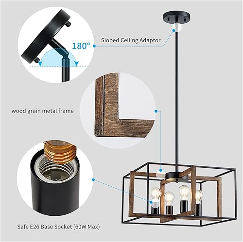 Miniatura 5 de XINGQI Candelabro cuadrado de 4 luces, lámpara de granja, moderna iluminación colgante para cocina, isla, comedor, sala de estar, acabado de grano
