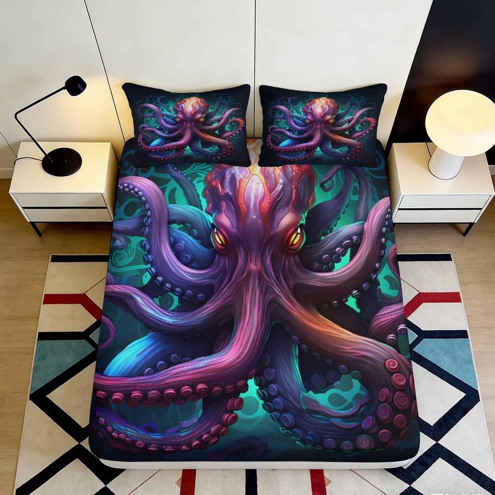 3D Printed Octopus Ocean Fitted Sheet Microfiber Soft Breathable Marine Bed Cover for Bedroom Dorm Decor Mattress Protection 90x200x25cm