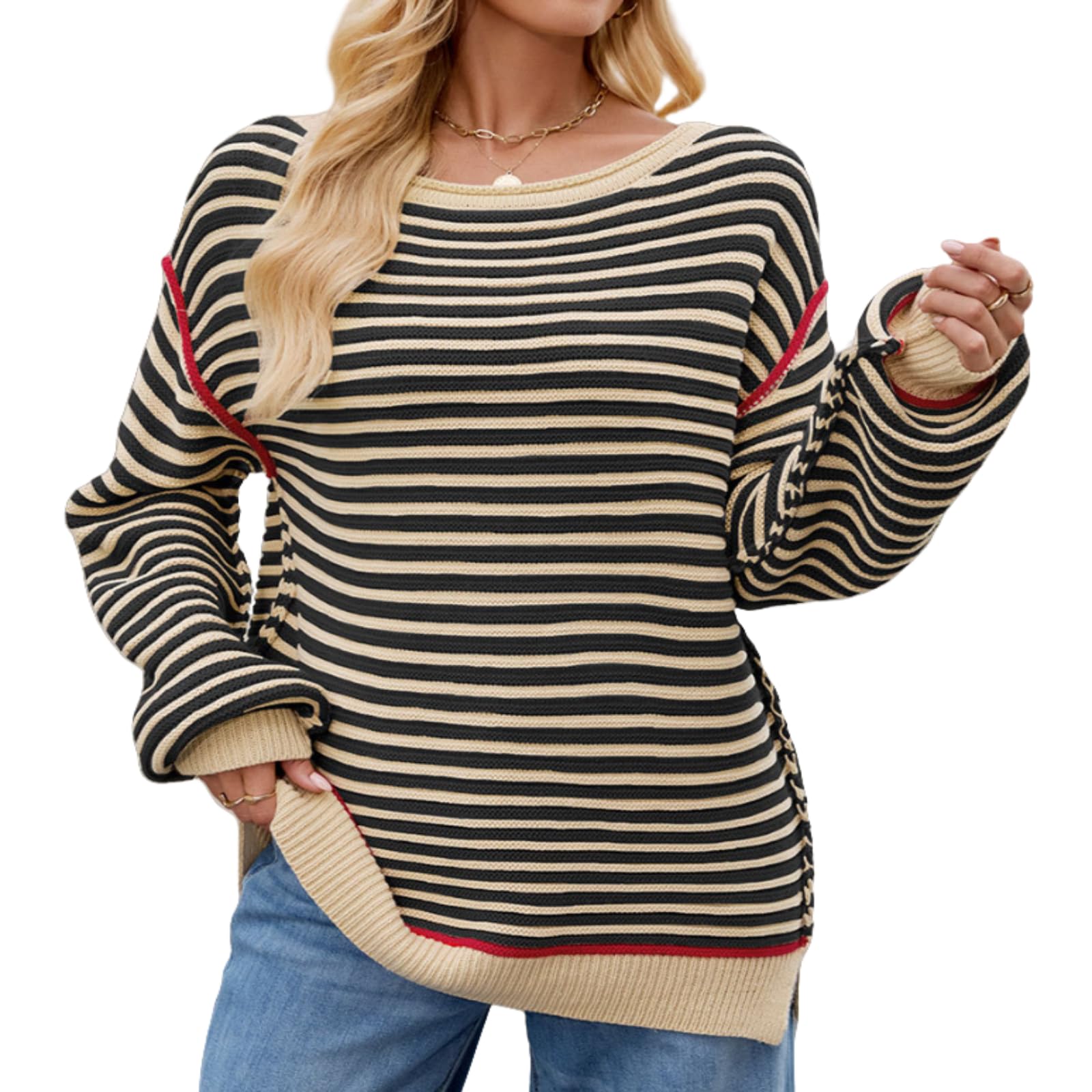 Womens Cable Striped Knit Pullover Sweater Crew Neck Long Sleeve Casual Street Sweaters Tops