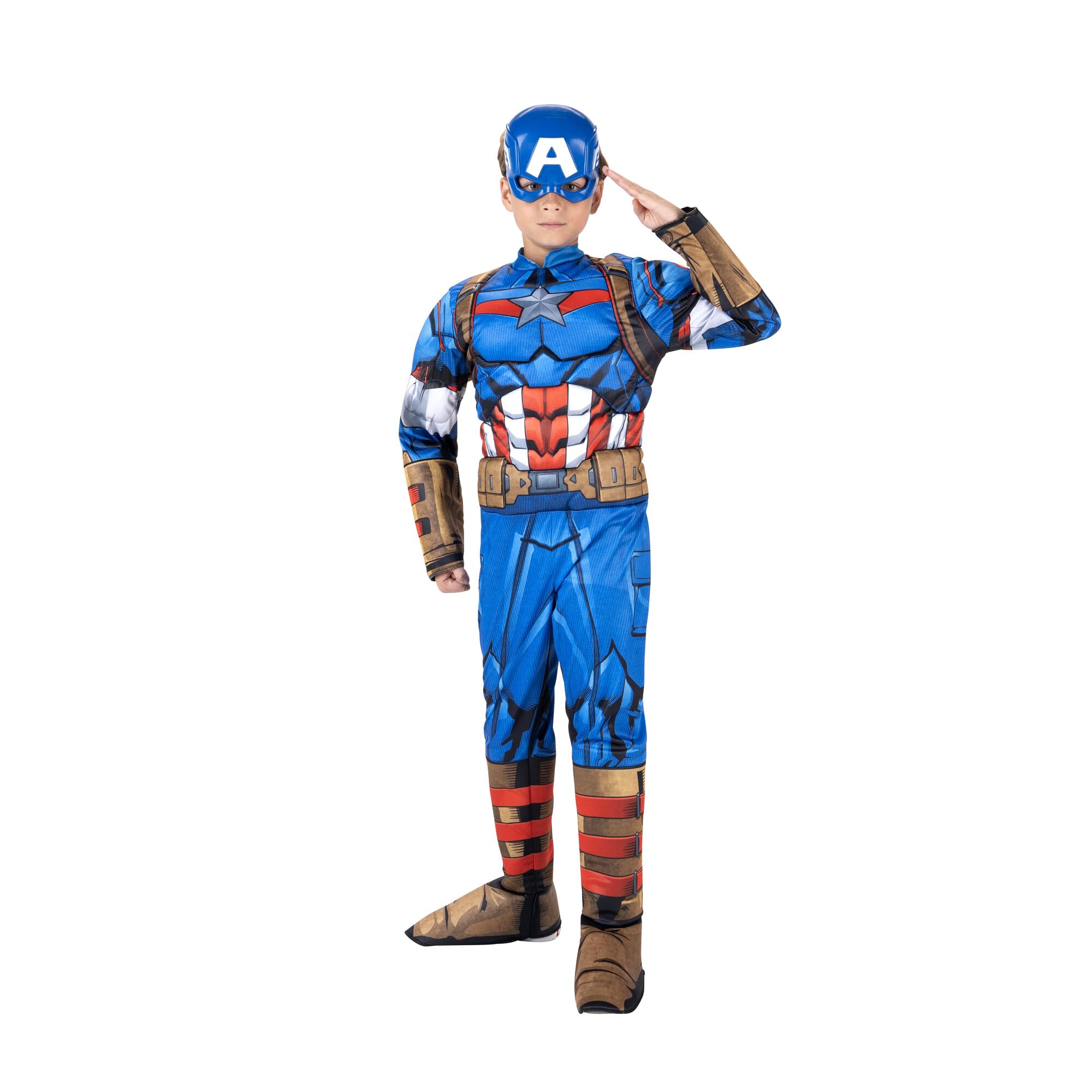 Marvel Captain America Official Youth Halloween Costume - Premium Quality Padded Jumpsuit with Plastic Mask