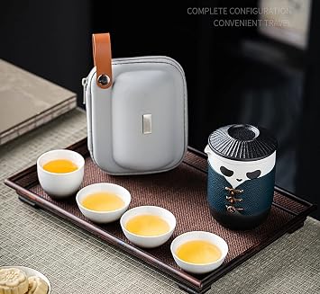 Travel Tea Set, Cute Panda Tea Cup with Portable Bag, 350ml Ceramic Gongfu Teapot with 4 Ceramic Teacups, with Tea Strainer. (Black)