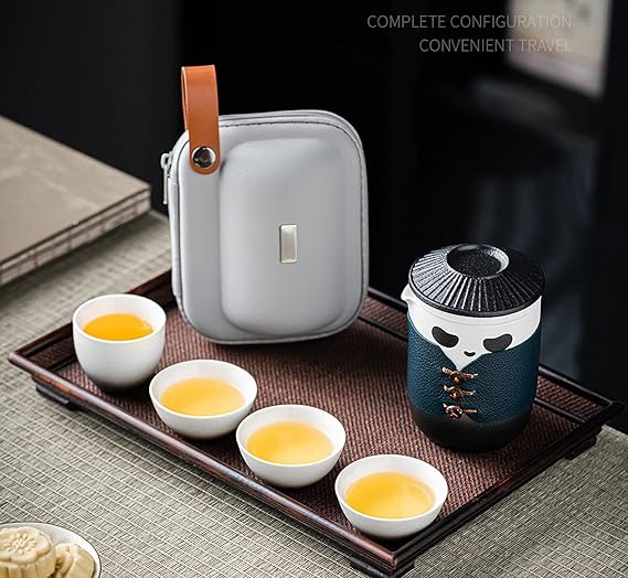 Travel Tea Set, Cute Panda Tea Cup with Portable Bag, 350ml Ceramic Gongfu Teapot with 4 Ceramic Teacups, with Tea Strainer. (Black)