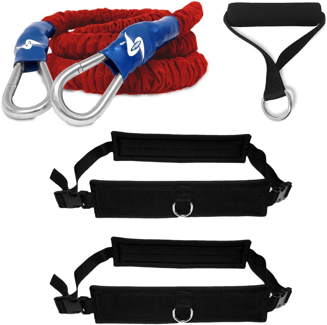 Fit Cord Speedster Progressive Resistance Speed Trainer - 8ft Heavy Rocket Bungee, 2 Training Belts and 1 Tow Handle. Made in The USA.