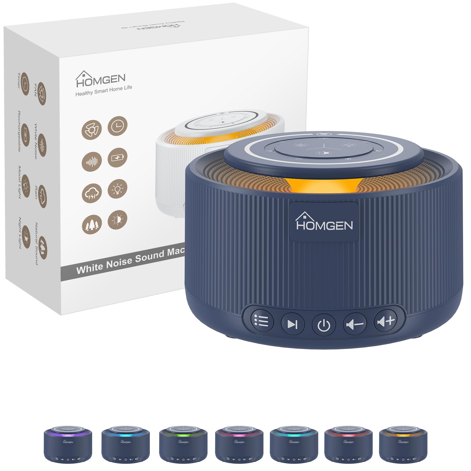 HOMGEN Macchina del Rumore Bianco 30 Suoni Macchina Rumori Bianchi per Neonato 5 Livelli di Luminosità 7 Colori Lampada Portatile per Bambino Meditazione Yoga Ufficio-Blu Scuro