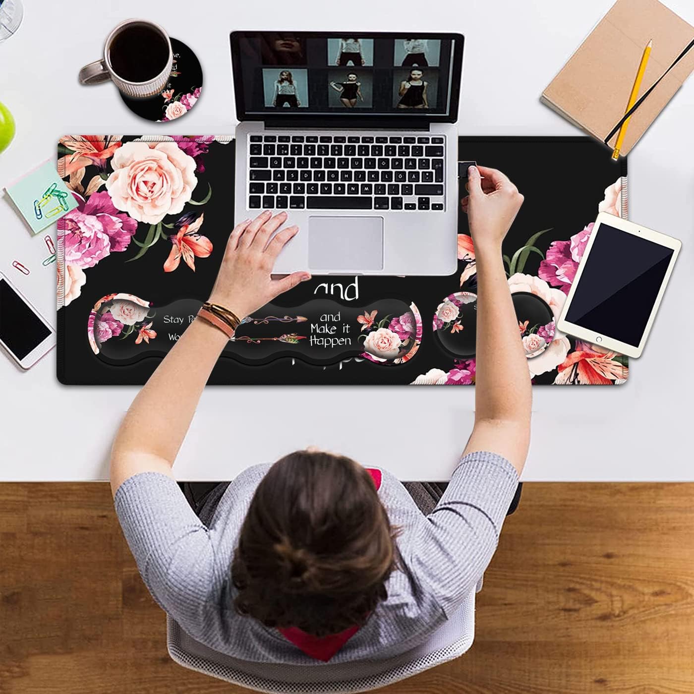 Keyboard Mouse Pad Wrist Rest Support Set, Extended Black Gaming Mouse Pad, Large XXL Mousepad + Ergonomic Memory Foam Wrist Rest,Office Desk Mat Waterproof Writing Pad, Work Hard Peony Flower