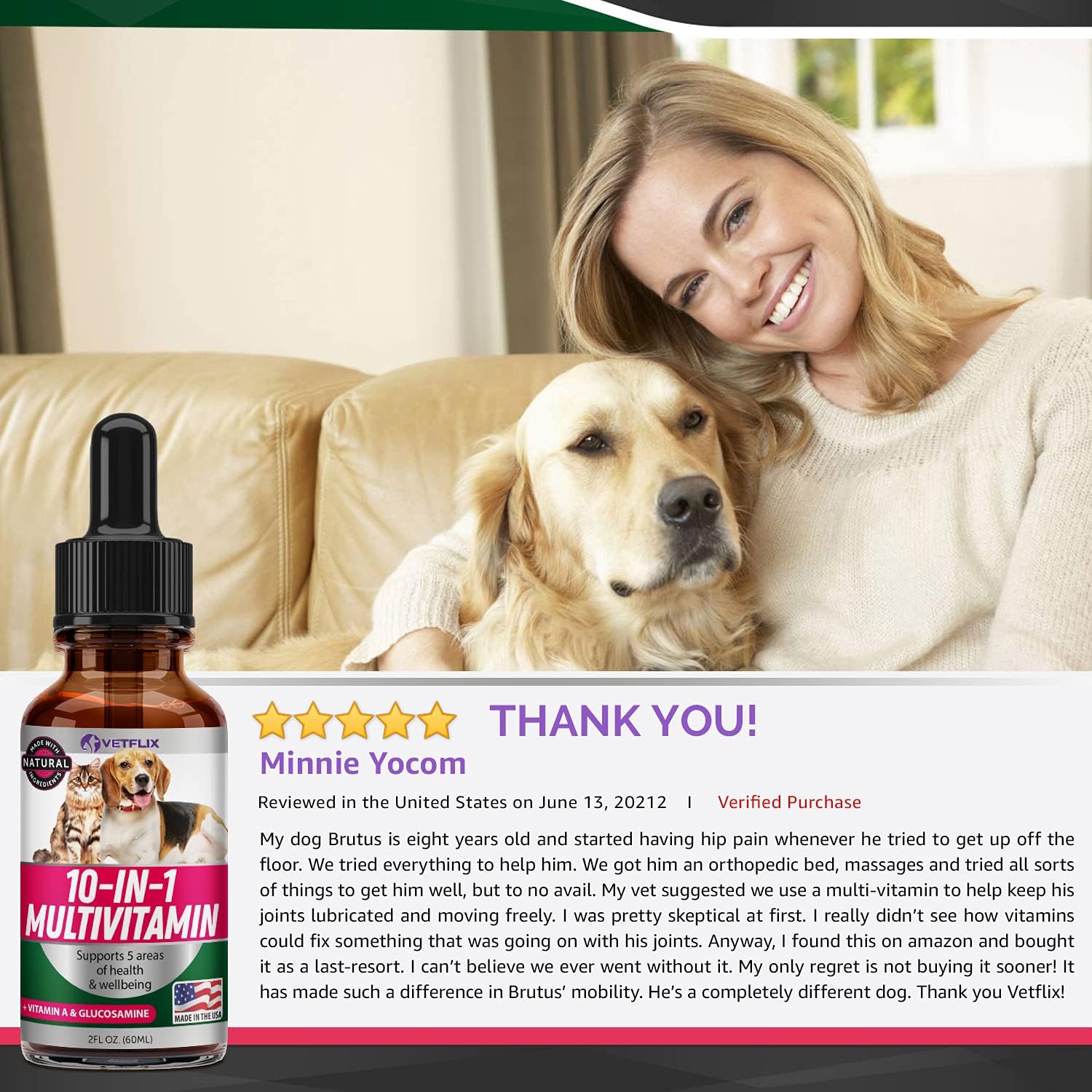 Vetflix Pet Vitamins 10 in 1 - Made in USA - Glucosamine for Dogs & Cats - Dog Supplement for Pet Joint Health - Natural Cat & Dog Multivitamin - All Ages & Breeds - Folic Acid for Cats & Dogs Immune : Pet Supplies