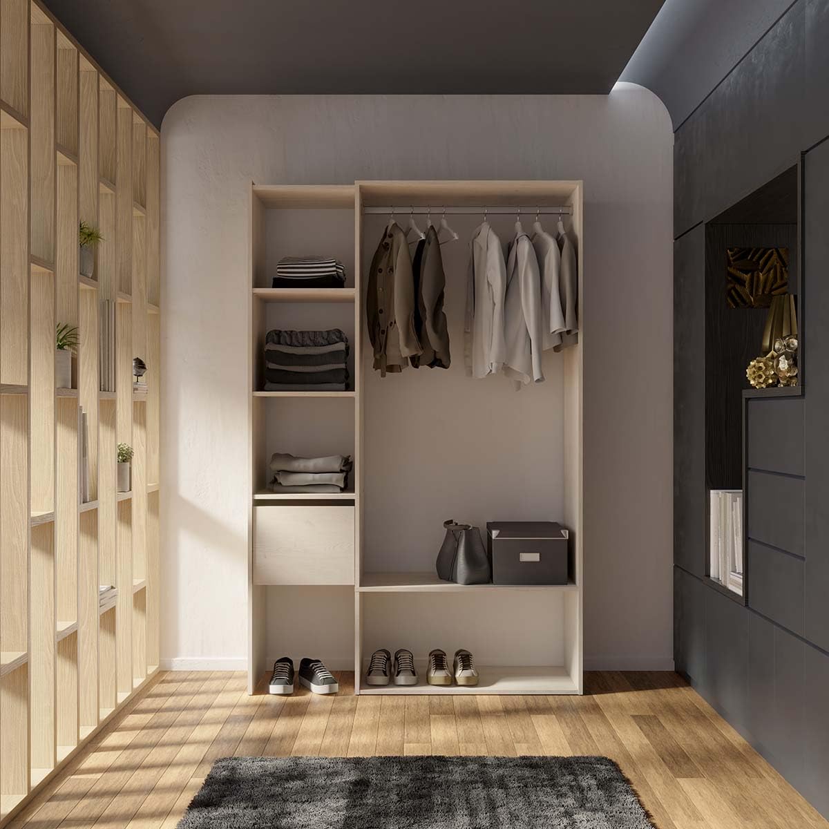 Demeyere Set guardaroba aperto, estensibile, con appendiabiti, 4 vani e 1 cassetto in legno, colore: rovere Topanga, 120 x 183 x 40 cm