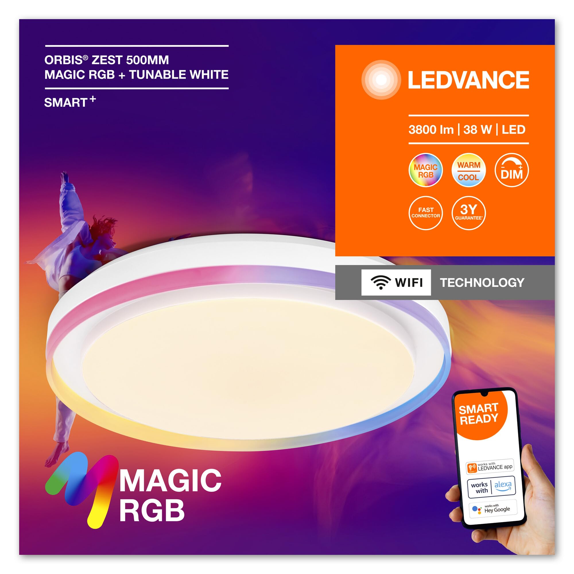 LEDVANCE Smart e Luce a soffitto a LED WiFi, bianco, 32W, 340LEDVANCE lm, funzionalità di luce bianca, dimmerabile, effetto di luce Magic-RGB dinamica, lunga durata, montaggio semplice, 2700-6500K