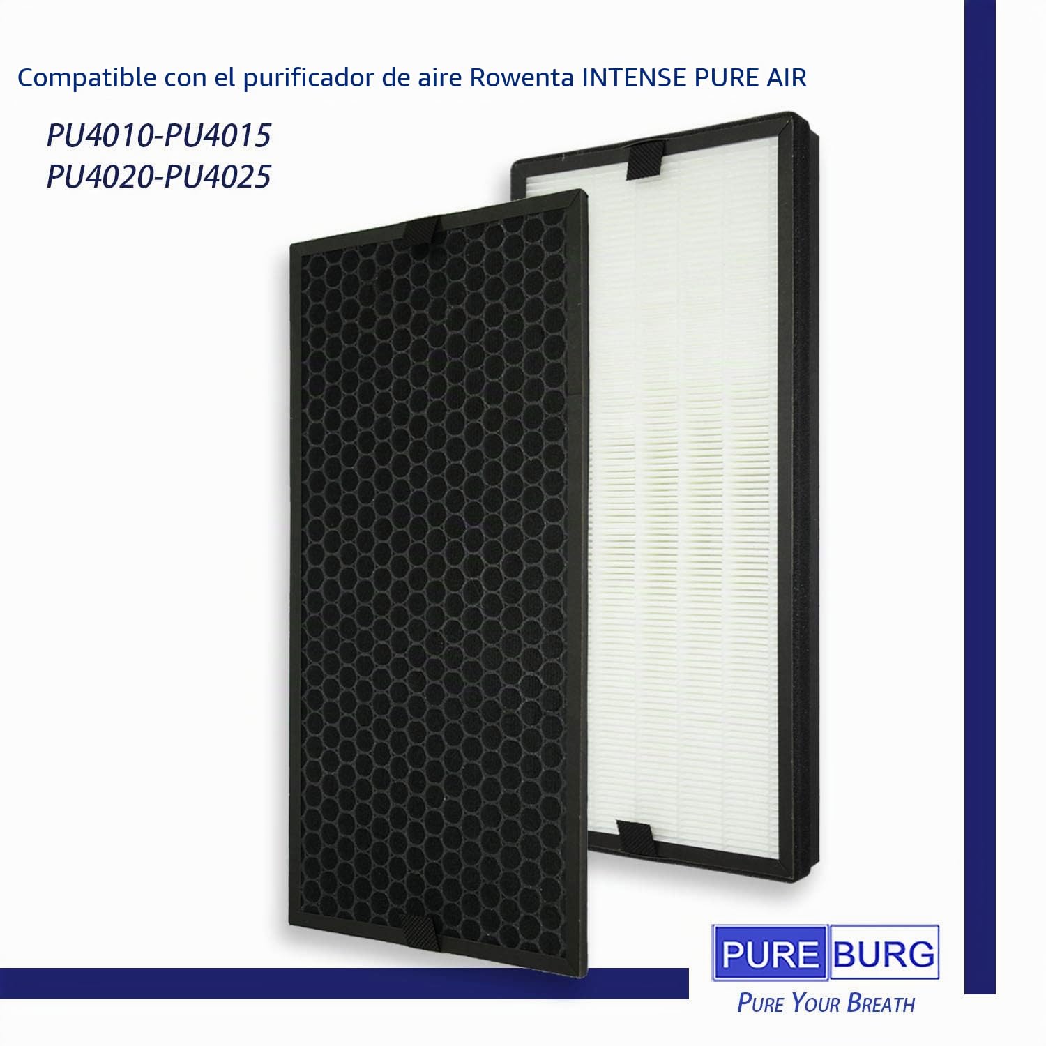 PUREBURG Filtro HEPA de repuesto + filtro de carbón activado compatible con el purificador de aire puro INTENSE de Rowenta PU40XX Series PU4010 PU4015 PU4020 PU4025