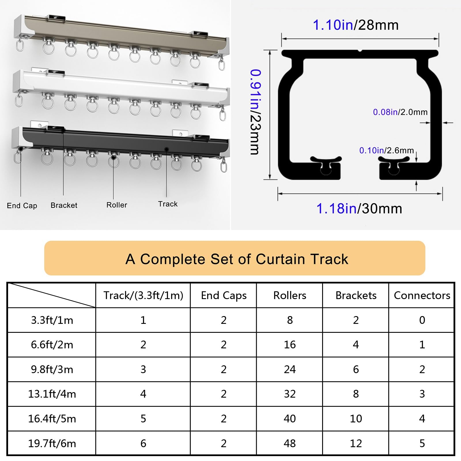 Rail De Plafond De 1 À 6 M, Rails De Rideaux Robustes Tringle À Rideaux Séparateur De Pièces Montage Au Plafond Ou Au Mur, Rouleau, Matériel D'installation Et Embout(Black-Ceiling,1.6m(2 * 80cm))