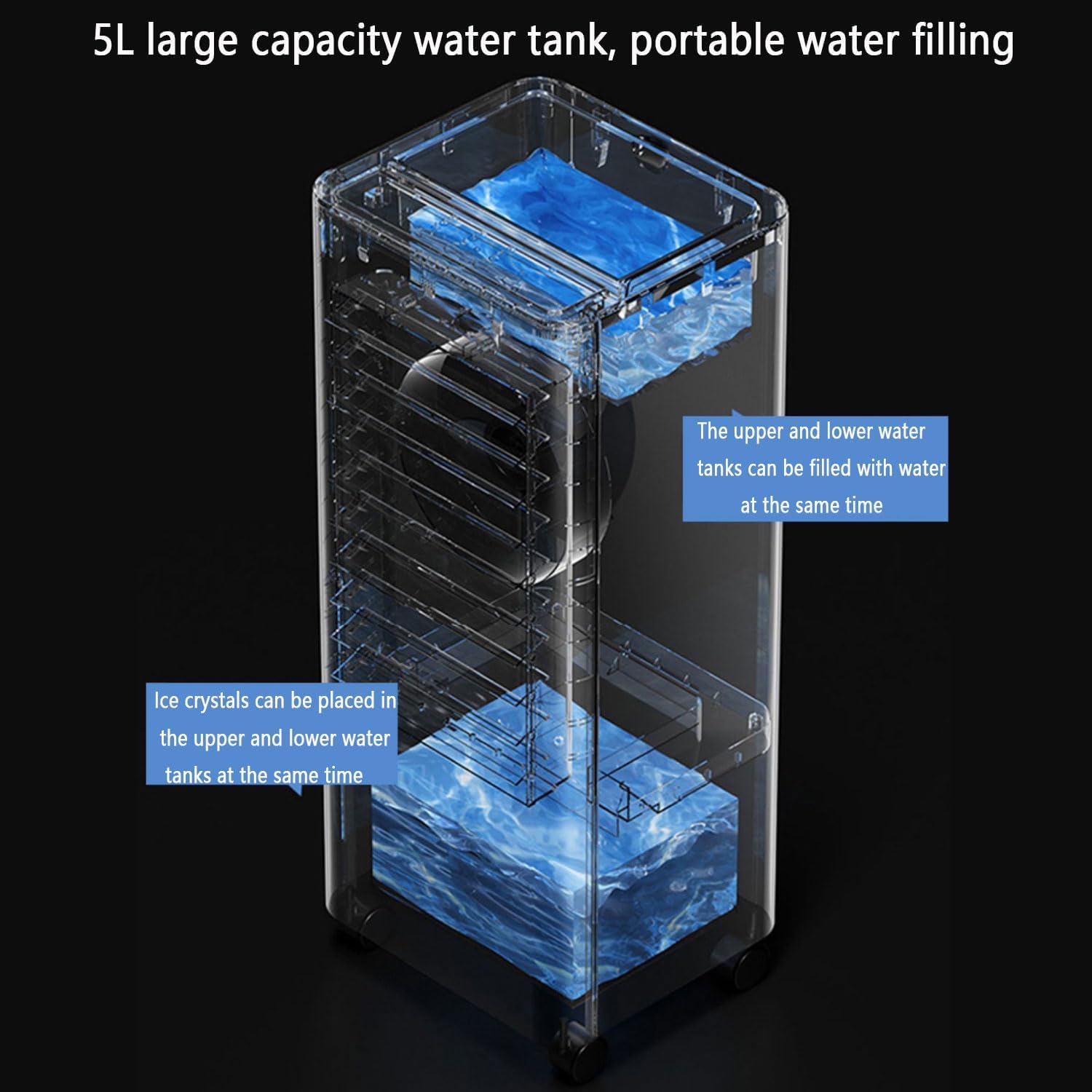 Condizionatore d'aria mobile con ventola di raffreddamento evaporativo con 3 velocità, timer da 7 ore e ruote a 360°, per uso domestico e ufficio