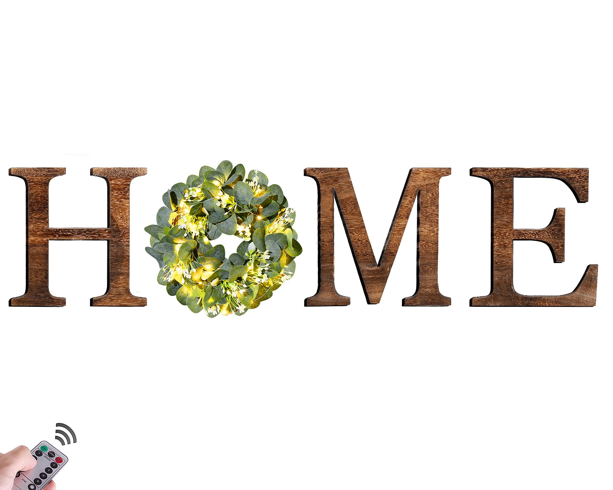 Homecor Home Letter Wall Decor - Wooden Home Sign Living Room Modern Entryway Rustic Wall Decorations with 8-Modes Light and Eucalyptus Wreath