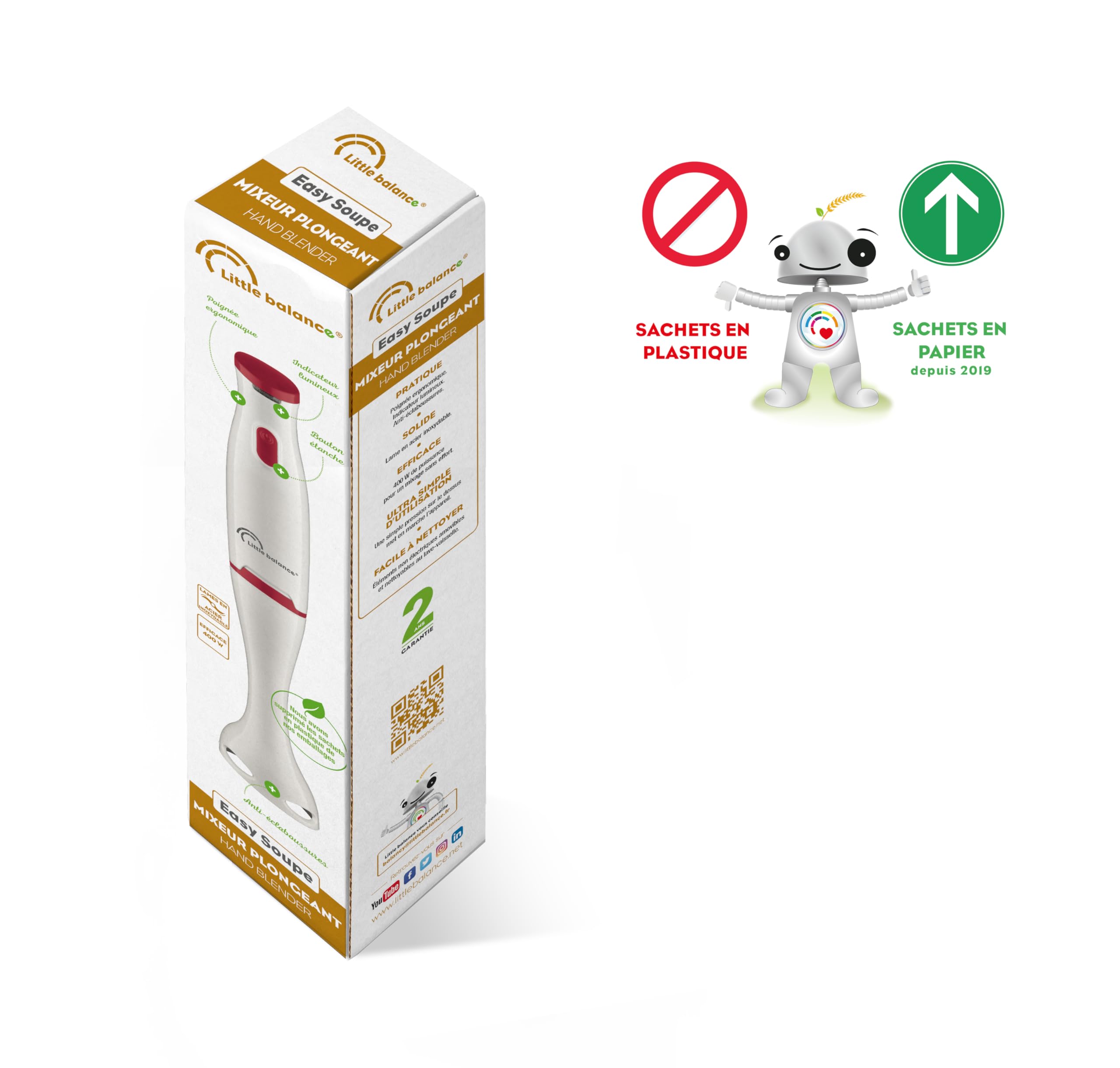 LITTLE BALANCE 8703 Easy Soupe, Mixeur plongeant pour les soupes, smoothies, sauces, compotes et aliments pour bébé, Anti-éclaboussures, 400 W, Blanc/Rouge
