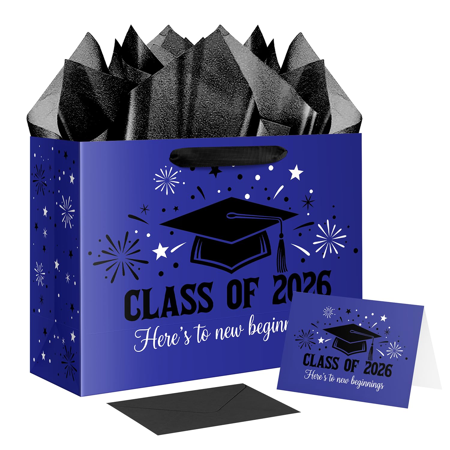 JWSCYSY Large Blue Black Graduation Gift Bag, Class of 2026 Gift Bag with Tissue Paper and Card for College Graduation Season Theme Party Decor Supplies.