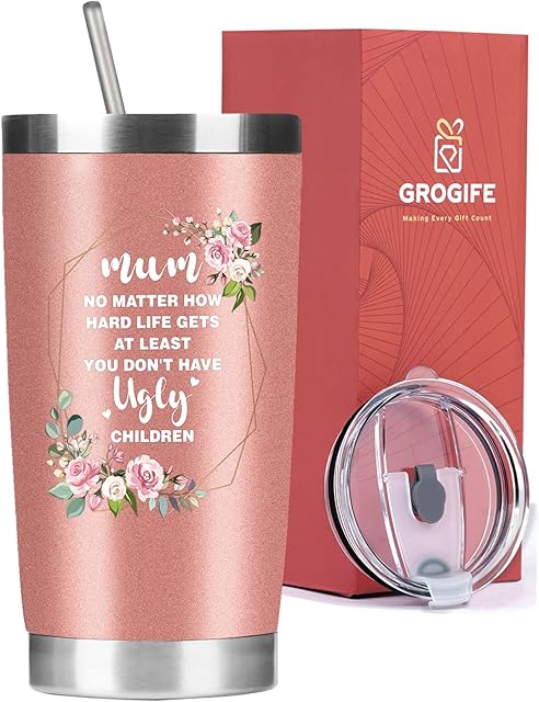 Gifts for Mum from Daughter Son Kids - Insulated Tumbler Unique Gifts for Mother's Day Birthday, Cute Mummy Presents for Mother Wife Sister, Coffee to go Mug with Straw Lid Stainless Steel Cup 600ml