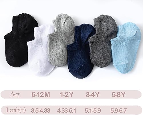 Miniatura 7 de JORMATT Calcetines de algodón invisibles para niñas y niños pequeños, antideslizantes, de corte bajo con puños (6-12 pares)