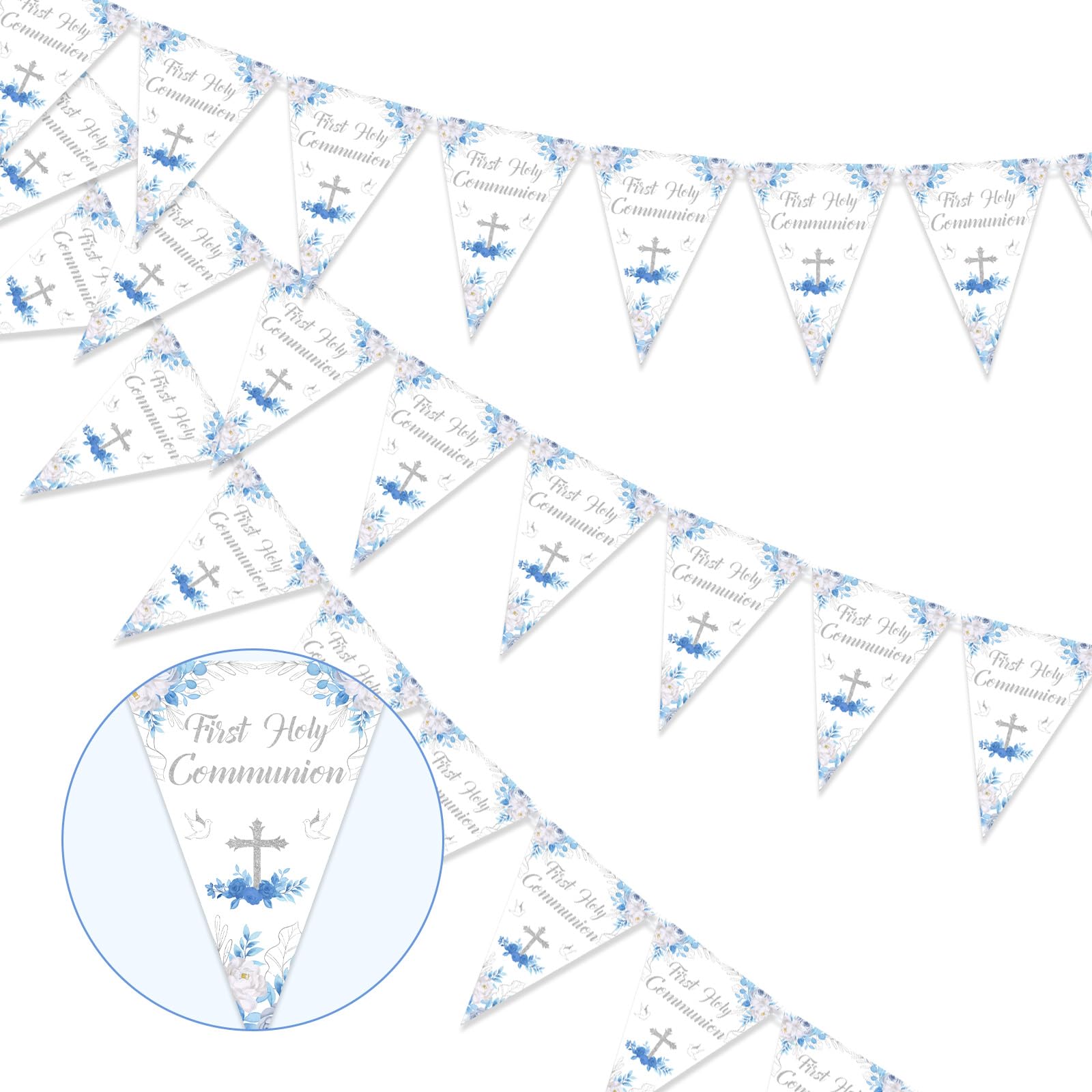 Jollyboom First Holy Communion Decorations for Boys Blue, 3 Pack First Holy Communion Banners, 36pcs Pre-Strung Baptism Flag Bunting Confirmation Decor for Boys First Holy Communion Christening Day