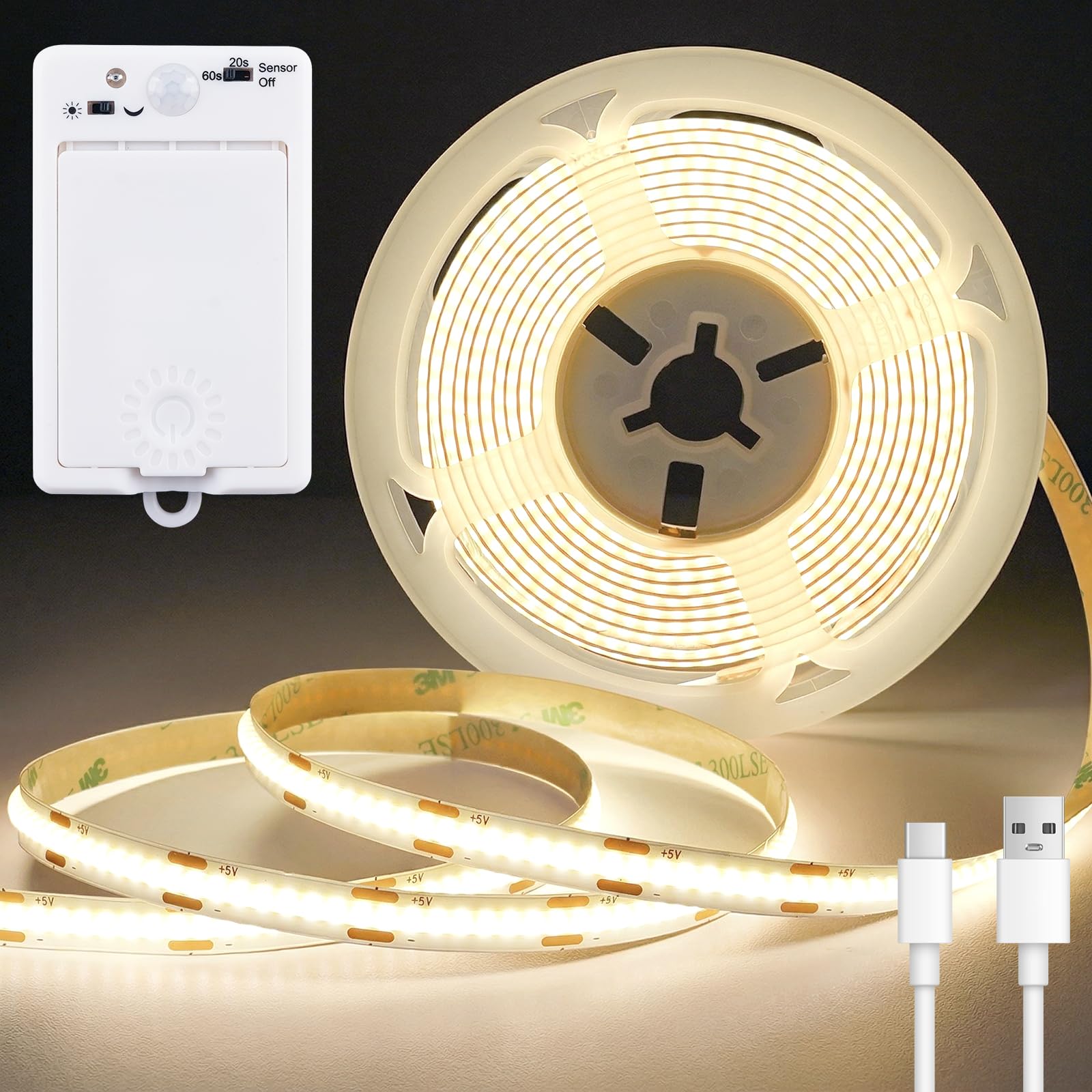 OMIKA Motion Sensor LED Light Strip, 6.56FT 640LEDs 4000K Nature White 1500mAh Rechargeable LED Strip Lights, Self Adhesive Cuttable COB LED for Pantry Light, Living Room, Bedroom, Washroom