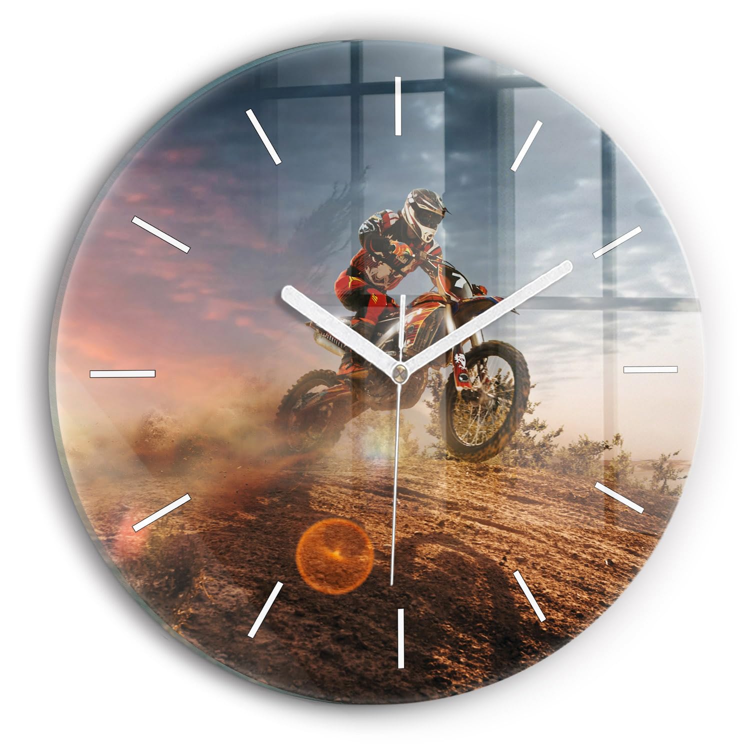 Horloge moderne 30 cm Wallfluent salon séjour motif moto en verre