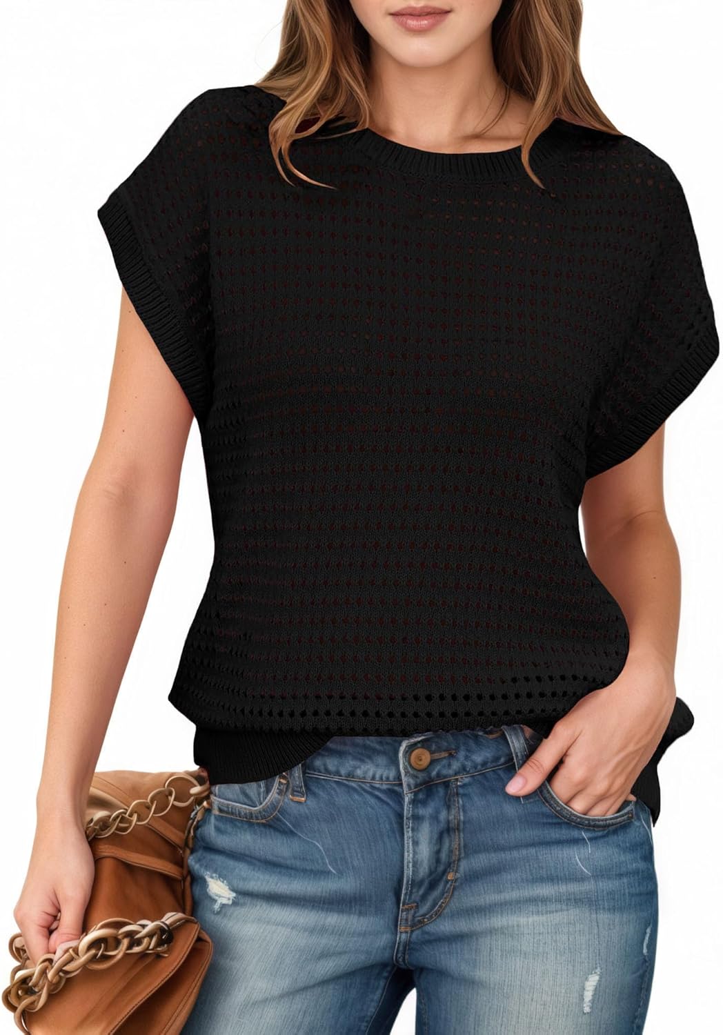 LCXWFE Womens Summer Crochet Sweaters Knit Cap Sleeve Shirts Casual Crewneck Top - Image 2