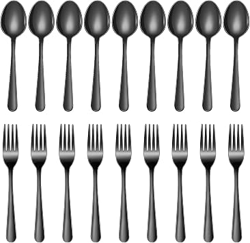 24-Piece Forks and Spoons Silverware Set,Spoons and Forks Food Grade Stainless Steel Flatware Cutlery Set for Home,Kitchen and Restaurant,Mirror Polished & Dishwasher SafeBlack
