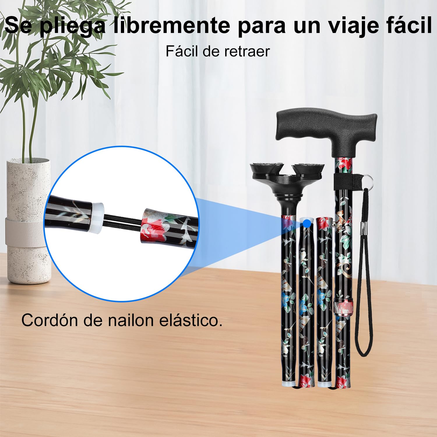 ‌supregear Bastón Plegable para Mayores - Bastón Ajustable 5 Niveles con Base Pivotante, Empuñadura en T y Correa Antideslizante