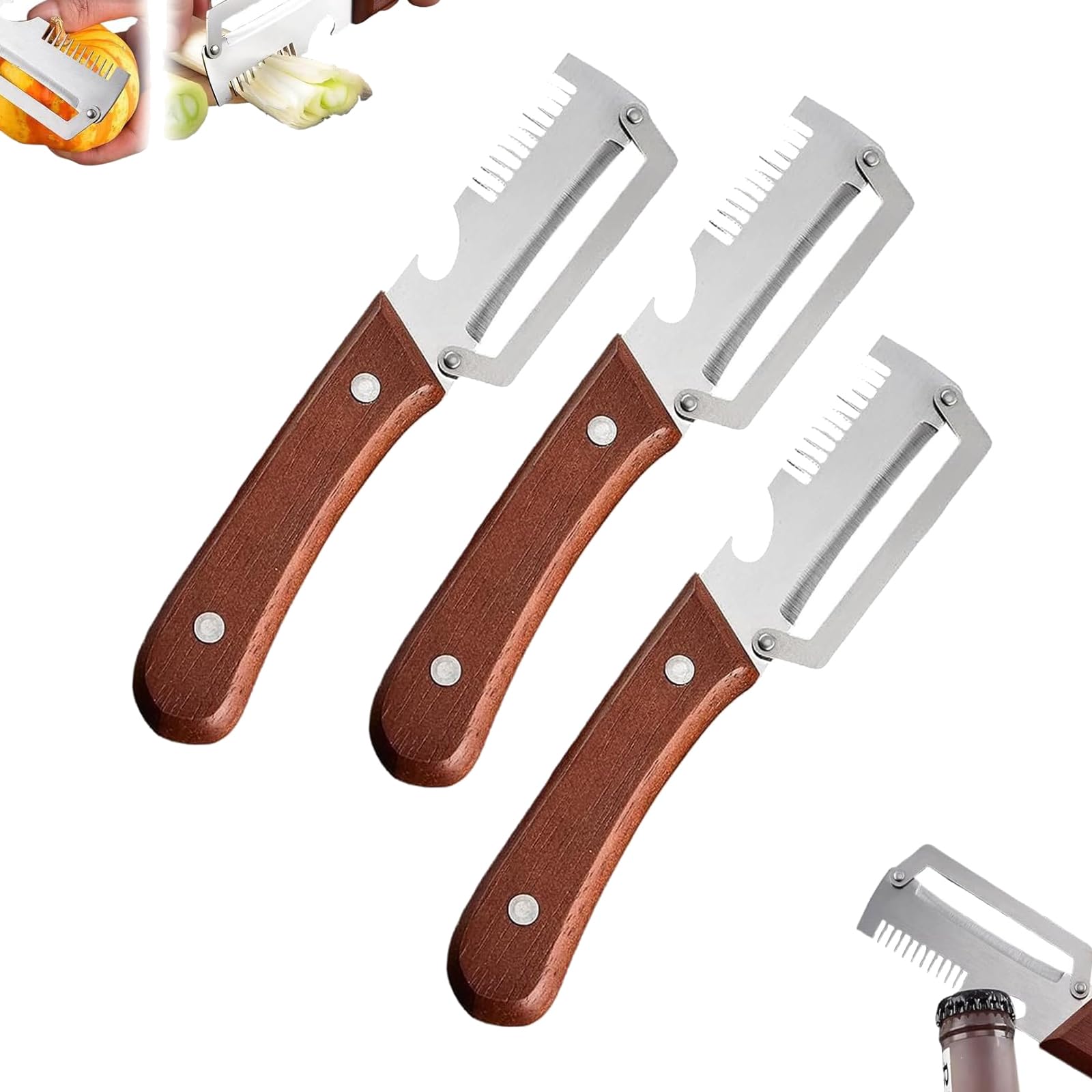Husi Pafabx Peeler, 3-in-1 Scallion Shredder & Peeler, Multifunctional VegetablePeeler, VegetablePeeler with Wooden Handle, 2-in-1 Serrated Peeling Knife Premium VegetablePeeler (3PCS)
