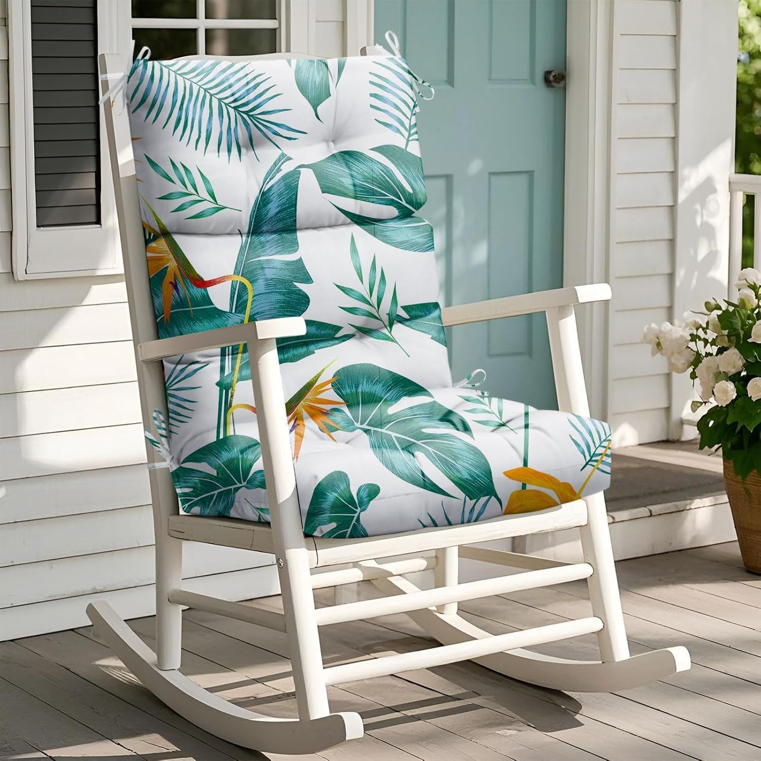 Rocking Chair Cushion, Waterproof Chairs Cushions for Adirondack Chairs Patio Chair High Back Thicked Cushions Outdoor and Indoor with Ties, Yellow Green Leaf