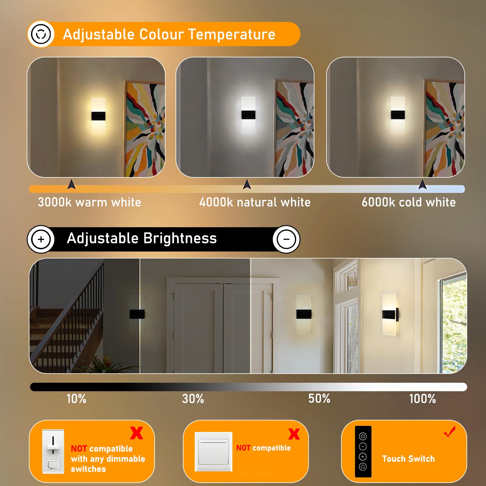 2 lámparas de pared con interruptor, lámpara de pared interior, táctil, regulable | 29 cm moderna iluminación LED de pared acrílico 12 W para escaleras, salón, dormitorio, 3000 K/4000 K/6000 K