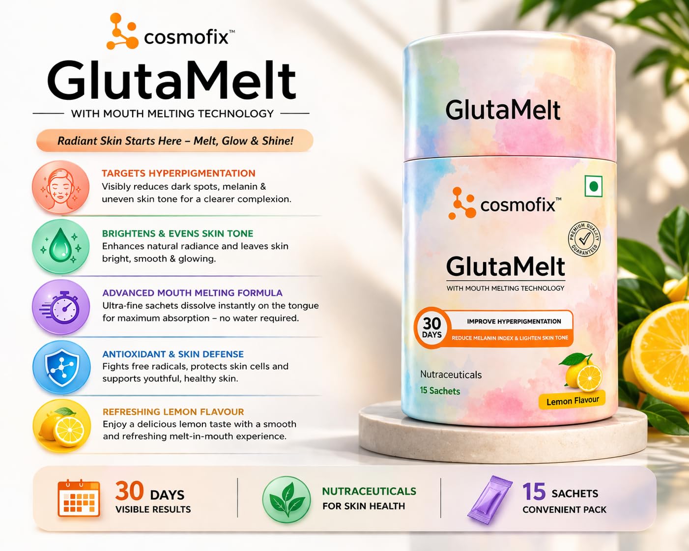 Cosmofix GlutaMelt Skin Supplement with Mouth Melting Technology, Lemon Flavour, 15 Sachets — Amazon image 2