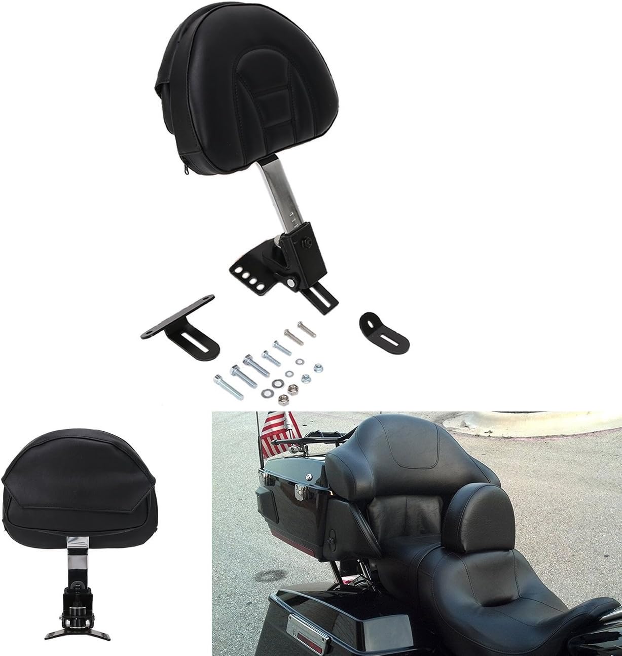 YC Motorcycle Adjustable Plug-In Rider Driver Backrest Leather Pad w/Pocket Chrome For 1997-2017 Harley Davidson Touring Models (Slotted Seat)