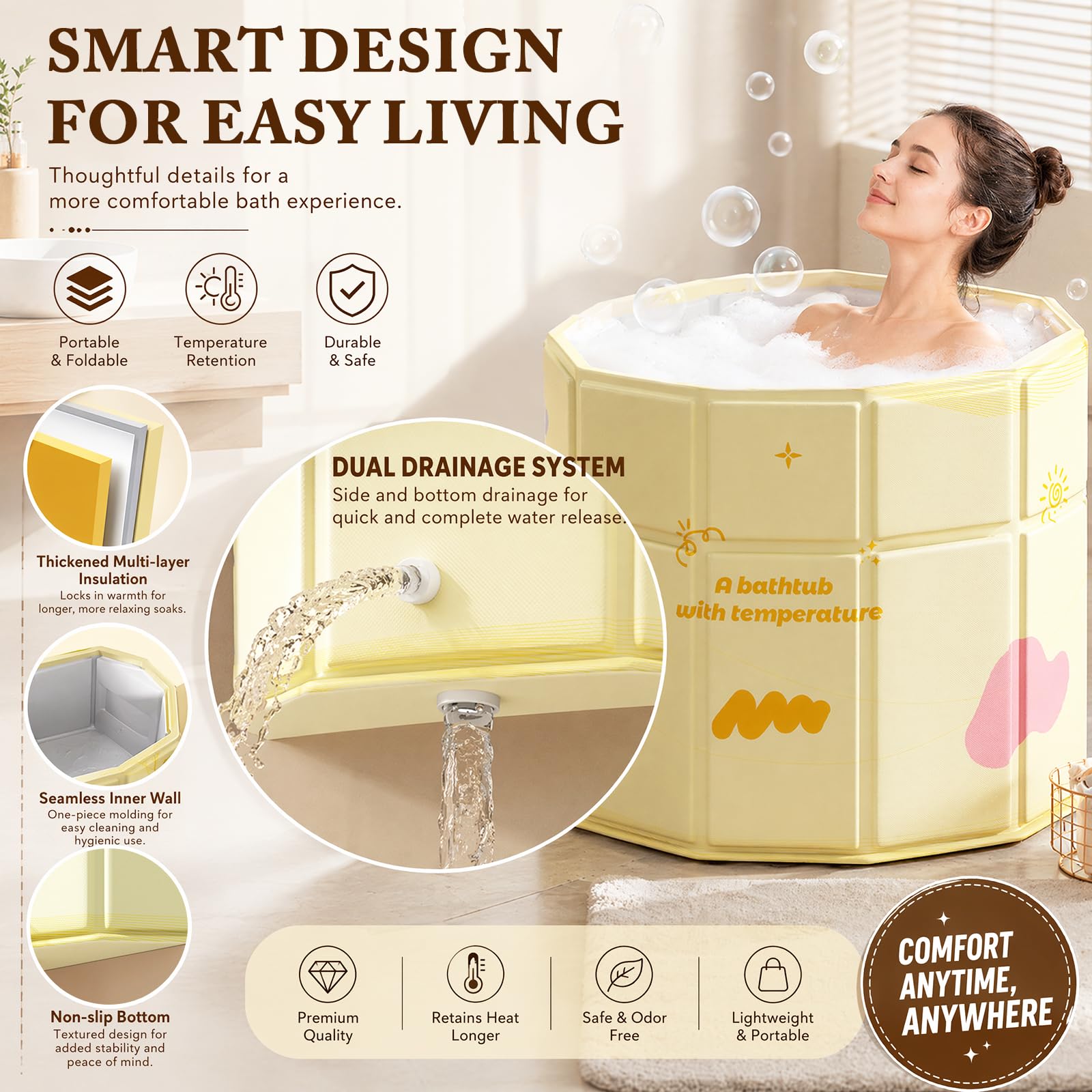 CEWROM Składana mobilna wanna, żółta, 70 cm, składana wanna do prysznica/SPA na zewnątrz, przenośna wanna lodowa i gorąca kąpiel, składana wanna, przenośna wanna dla dorosłych