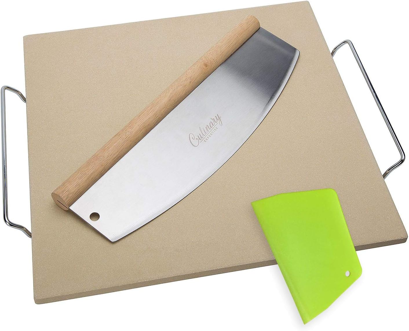 Culinary Expertise Cordierite Pizza Stone Set & Bread Baking Stone for Oven & Outdoor Grill Top, 15-Inch Square with 14 Inch Cutter Removable Rack and Dough Scraper Thermal Shock Resistant