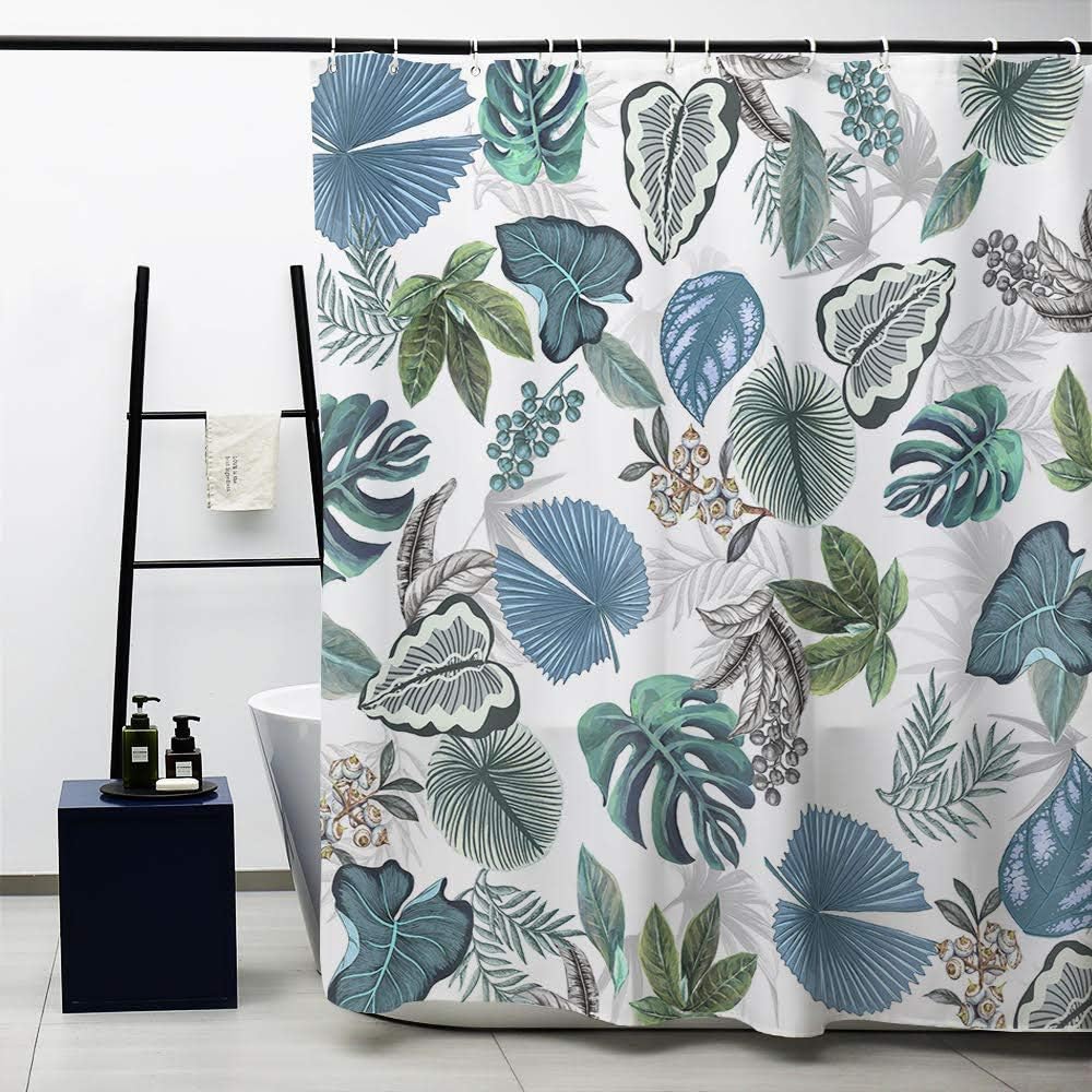 Obal Tree Leaves Shower Curtain, Blue Grey Green Foliage White Background Bath Curtains Water Resistant Mould Free Polyester Fabric Heavy Weight Home Decor With Curtain Hooks Washable, 180H * 180L