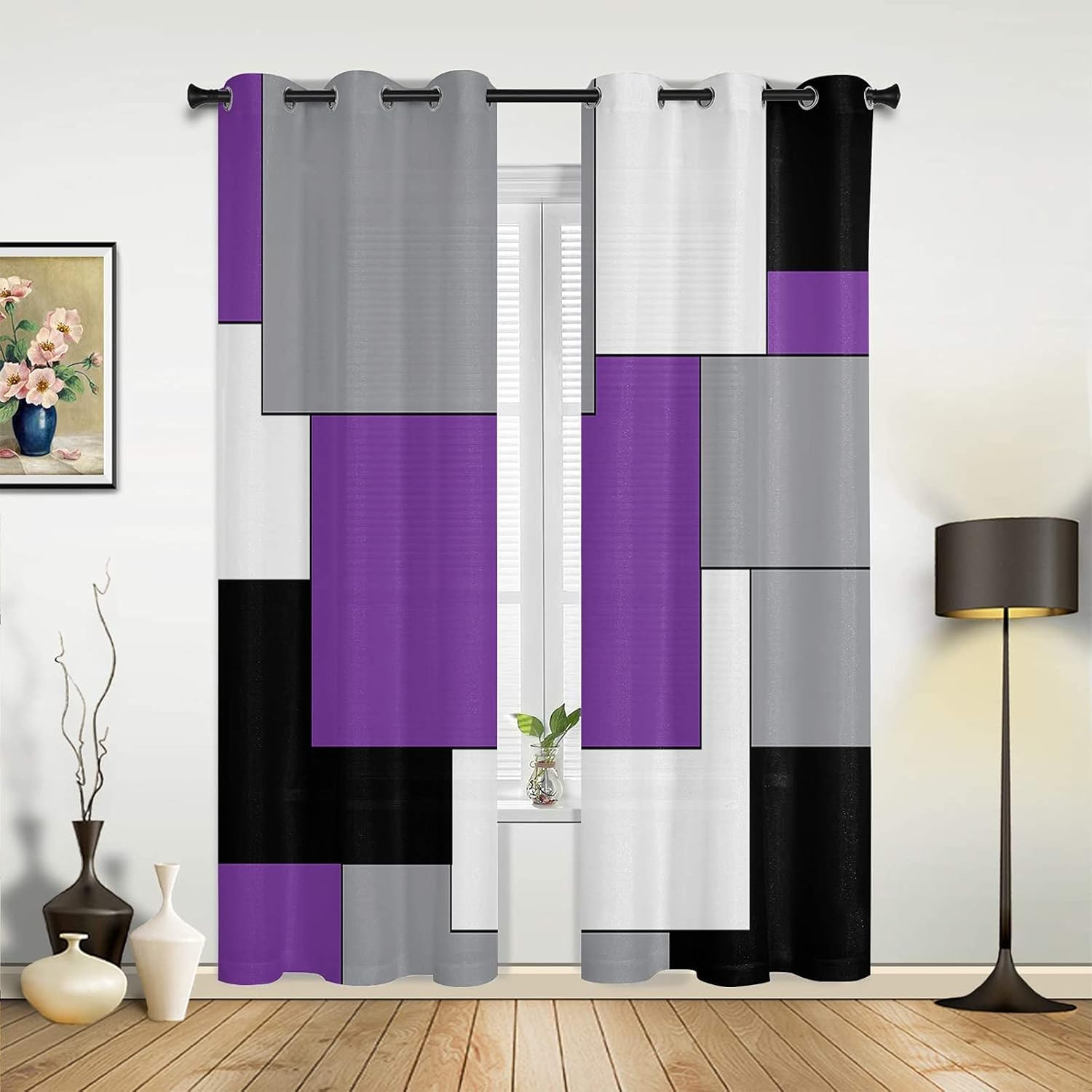 Abstract Art Blackout Curtain, Purple Black Grey Mosaic Plaid 3D Printed Window Drapes, 2 Panels Darkening Thermal Insulated Curtain Top Grommet for Bedroom Living Room Windows(63" Wx72 L)