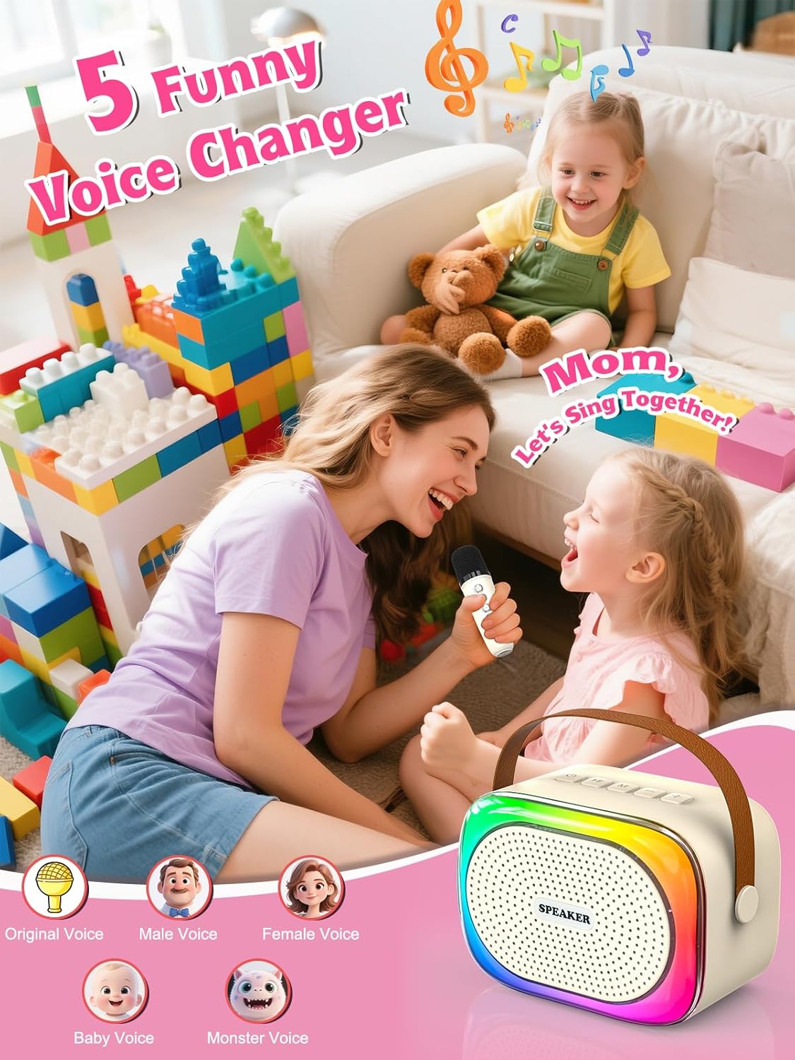 Mini Karaoke Machine for Kids Girls Boys Ages 3-12, Portable Bluetooth Speaker Car Karaoke with 2 Wireless Microphones with Voice Changing & LED Lights, TOP Birthday for Teen Child - Image 3