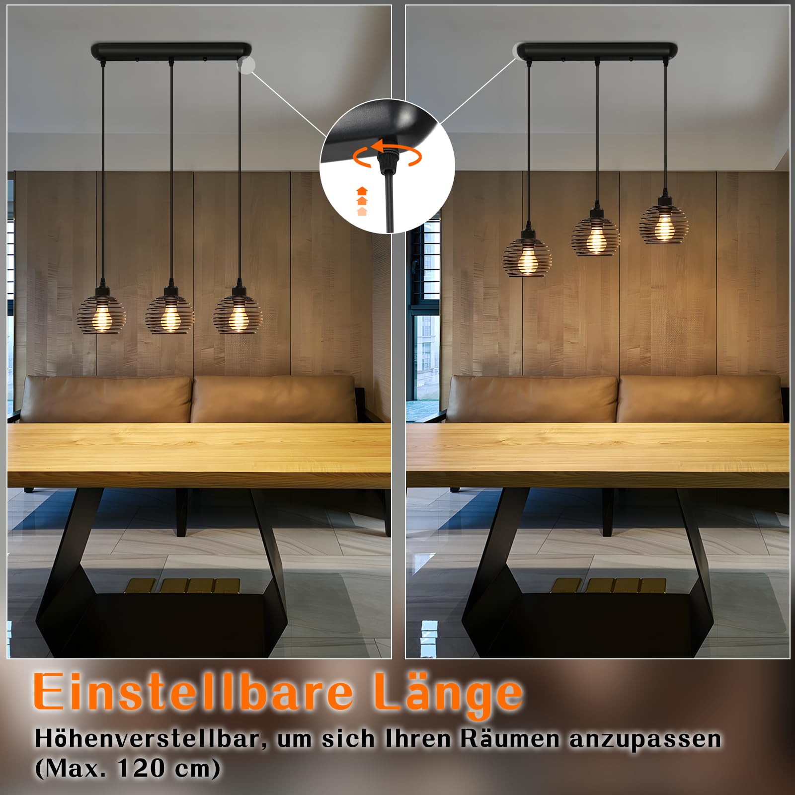 ZMH Lámpara colgante vintage industrial altura ajustable metal negro tres pantallas esféricas E27 25W