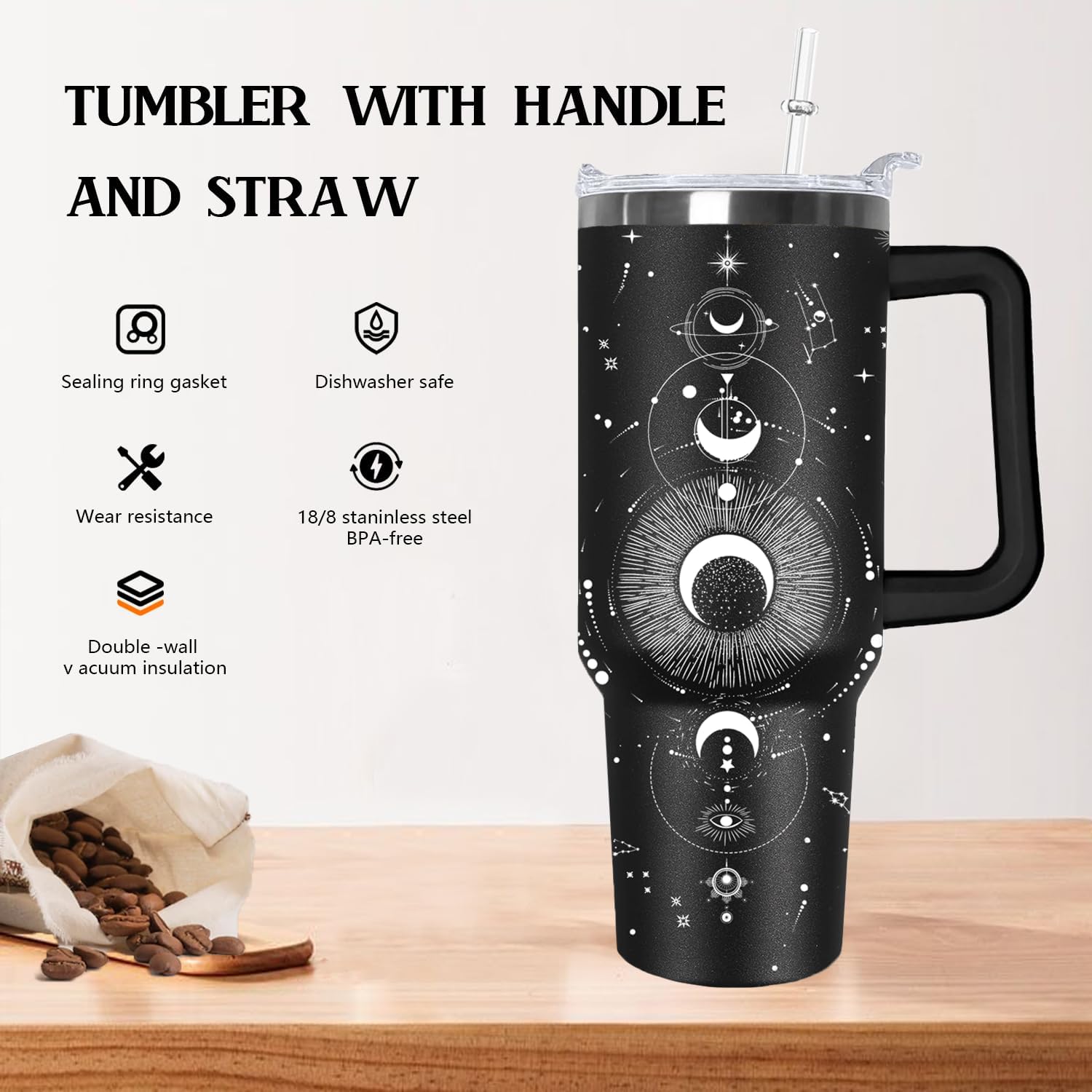 Ceovfoi 40oz Goth Tumbler with Handle Lid and Straw, Sun and Moon Cup Gothic Witch Coffee Travel Mug Cup,Astrology Witchy Gifts for Women, Goth Halloween Decor Witch Stuff for Women - Image 3