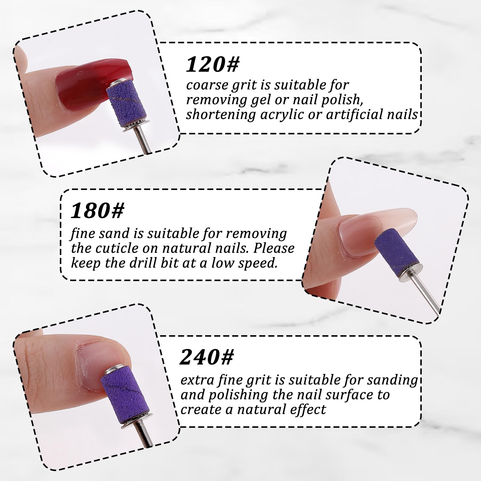 Prasacco 100 almohadillas de lijado para uñas, 240 GRIT, manguitos de lijado, fresadora de uñas, color lila, pequeñas bandas de lijado para uñas de 6,5 mm, para uñas de gel, diseño de uñas, arte de