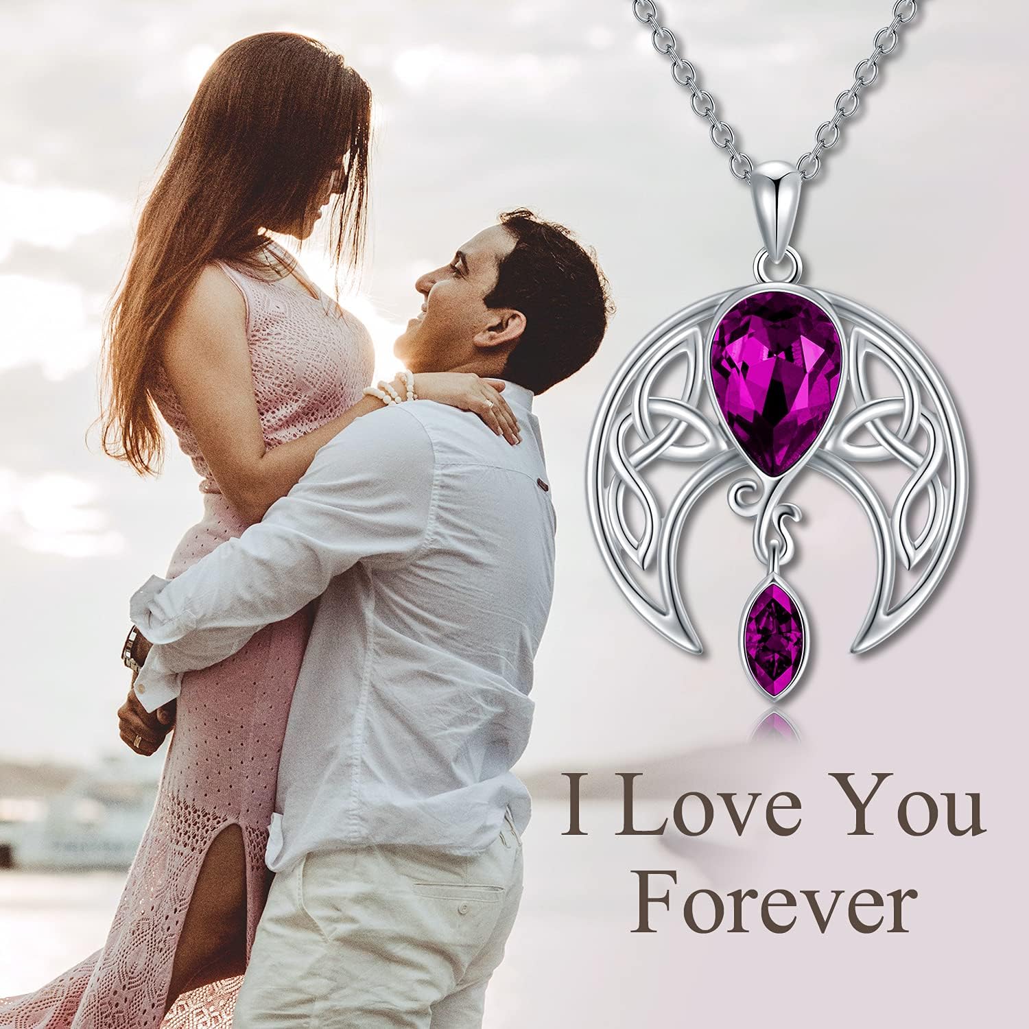 AOBOCO Sterling Silver Celtic Crescent Moon Goddess Pendant Irish Good Luck Necklace with Birthstone Crystal, Celtic Moon Jewelry Gift for Women Mom Wife - Image 6