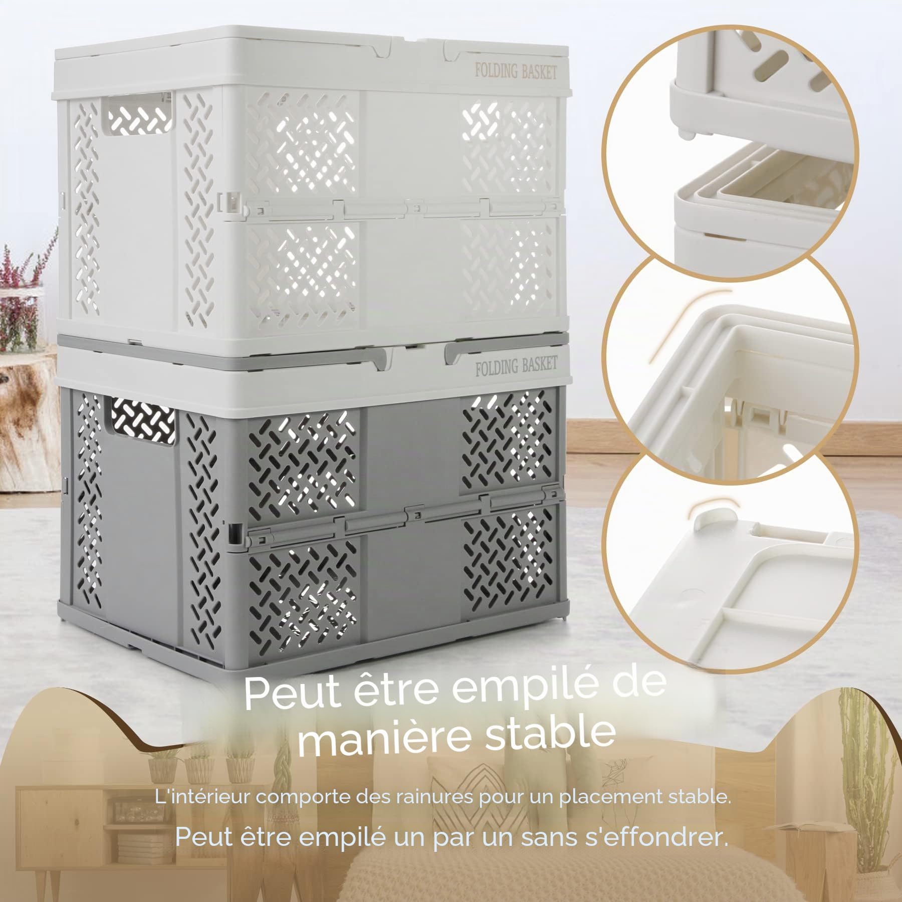 Spesh Lot de 2 Caisse en Plastique Pliable avec Poignée Cagette Rangement Pliant Caisse Pliante Panier Rangement Pliable pour Cuisine, Chambre, Salon(Blanc + Gris Blanc)