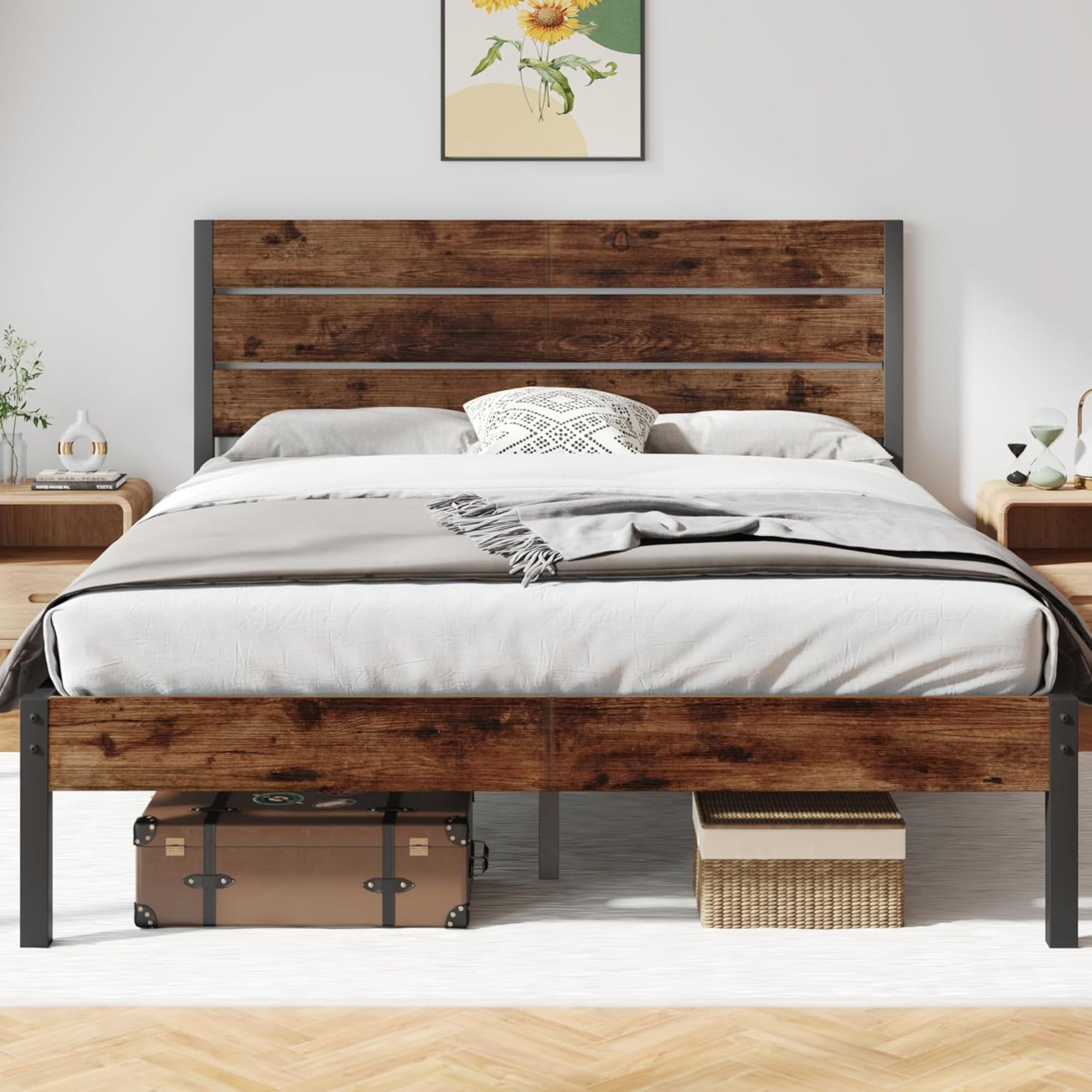 queen bed frame with headboard and footboard with under bed storage all-metal support system no box spring needed easy assemblyrustic brown