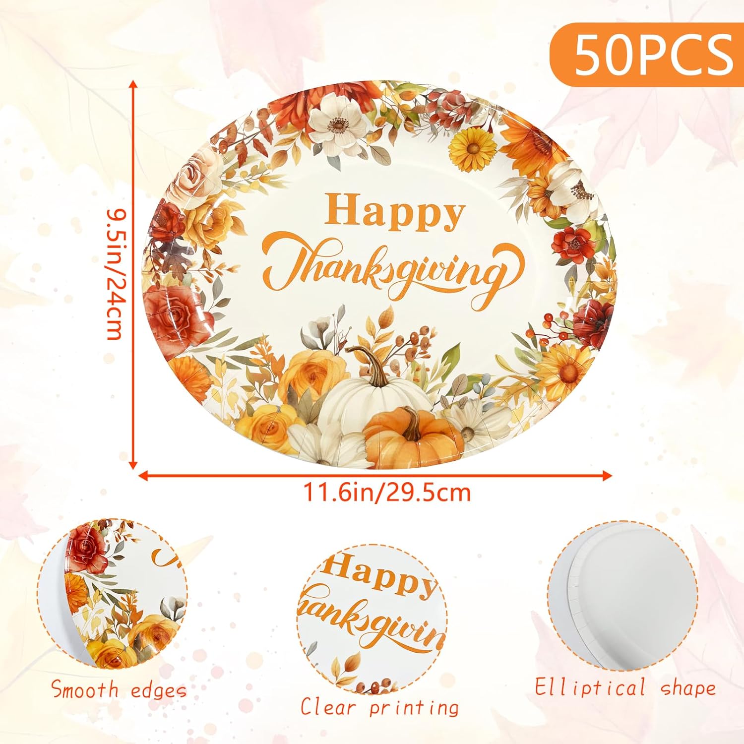CIEOVO 50Pcs Happy Thanksgiving Oval Paper Plates, Fall Disposable Dinner Platters Heavy Duty Dinnerware Serving Dish Platters for Autumn Fall Harvest Give Thanks Party Tableware Supplies