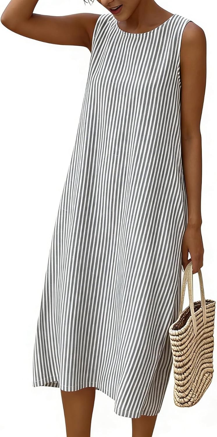 Striped Midi Dress for Women Sleeveless Round Neck Loose Fit Flowy Dress Summer Vacation Casual Dresses 2026
