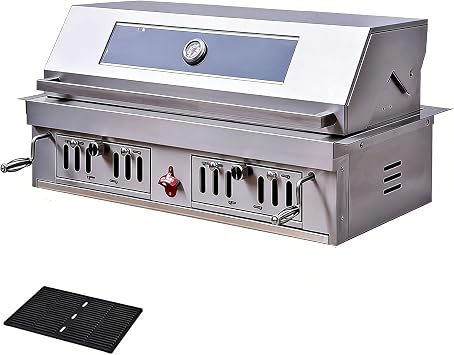39In Built-in BBQ Grills, Large Outside Charcoal Grill with Rain Cover Kit Liftable Tray & Thermometer, Silver Stainless Steel Barbecue Grill for Outdoor Kitchen Cooking Patio Camping Park
