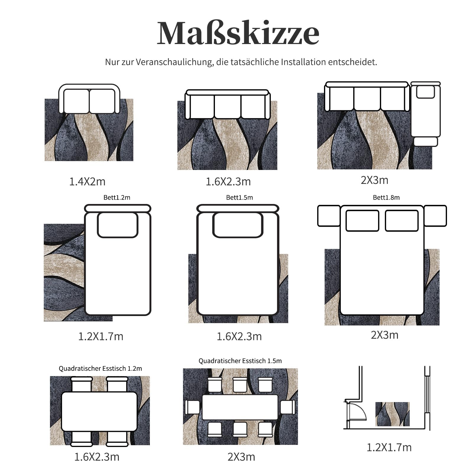 Teppich Wohnzimmer 140x200 cm Waschbar rutschfest Modern Wellenmuster Kurzflor Teppich Blaugrau Anthrazit Beige Maschinenwaschbar für Schlafzimmer Esszimmer Büro Jugendzimmer